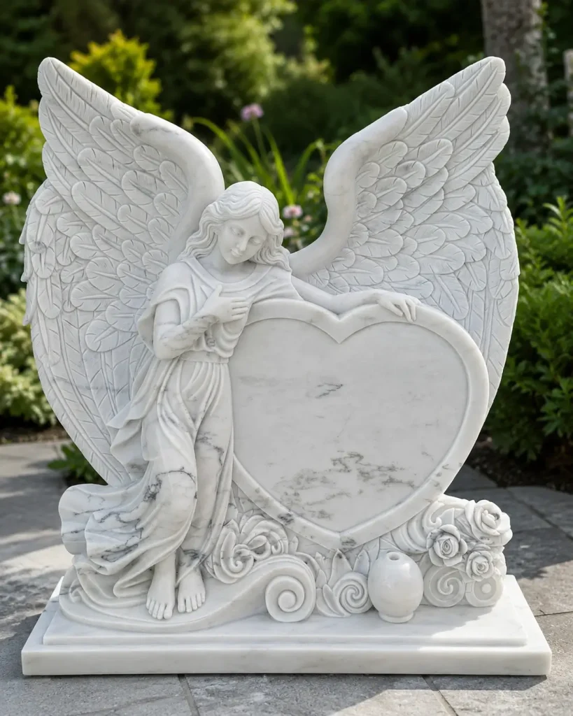 Handmade White Marble Angel Heart Statue for Home, Garden & Gift