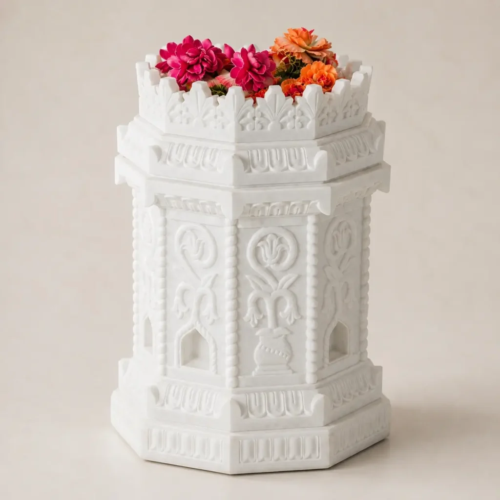 Makrana Marble Tulsi Pot for Home, Temple & Garden