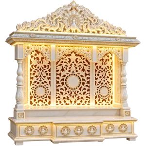 Backlit Floral Jali Marble Mandir with Three Arched Panels