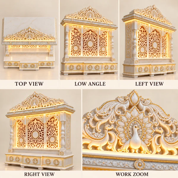 Backlit Floral Jali Marble Mandir with Three Arched Panels illustrative top, low, left and right views with a carving work zoom