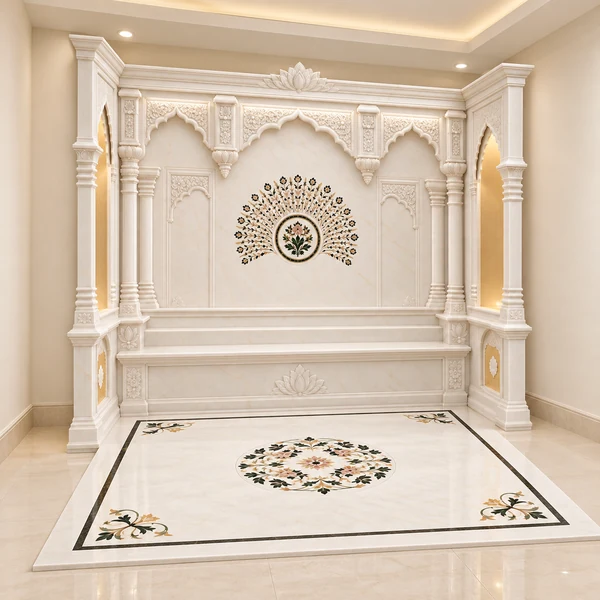 Circular Inlay Marble Pooja Room with Raised Altar Platform shown in an illustrative Indian pooja room setting
