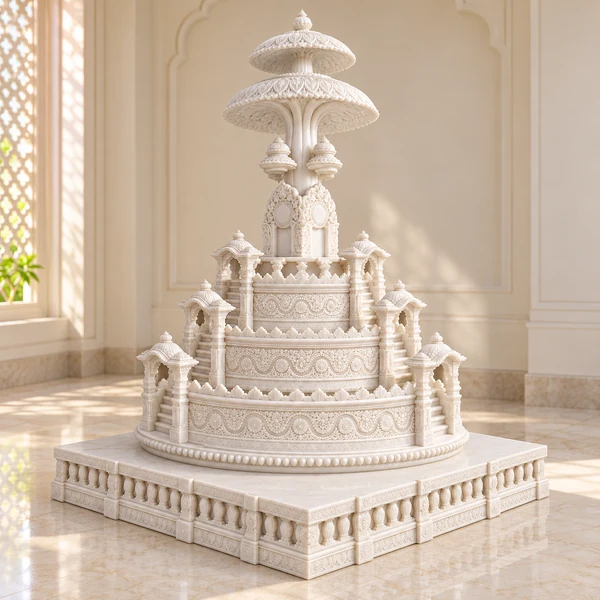 Circular Jain Marble Vedi with Layered Canopy shown in an illustrative Indian pooja room setting