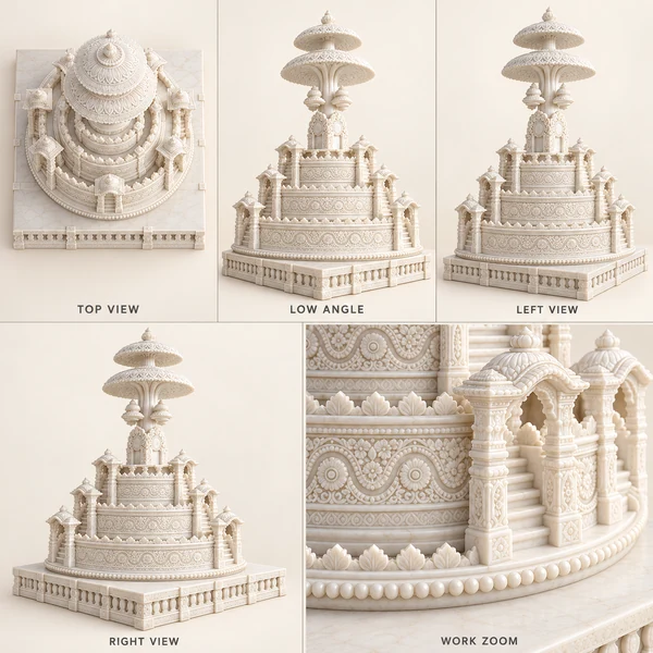 Circular Jain Marble Vedi with Layered Canopy illustrative top, low, left and right views with a carving work zoom