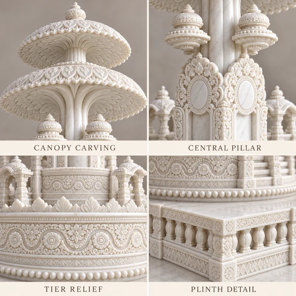 Circular Jain Marble Vedi with Layered Canopy close-up views of marble surfaces and carved architectural details