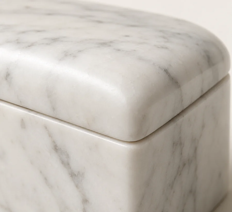 Cushion Lid Marble Trinket Box — close view of the rounded corner of the cushion lid