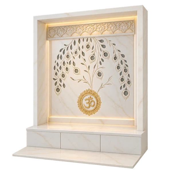 Feather Om Marble Pooja Alcove with Tall Rectangular Frame