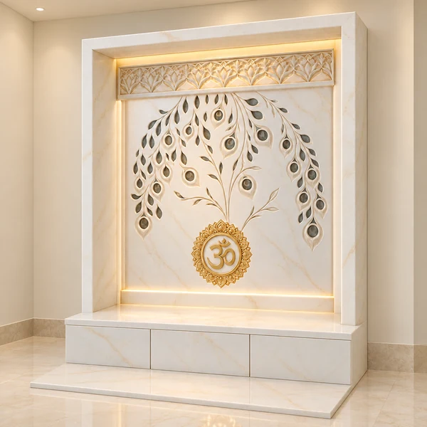 Feather Om Marble Pooja Alcove with Tall Rectangular Frame shown in an illustrative Indian pooja room setting