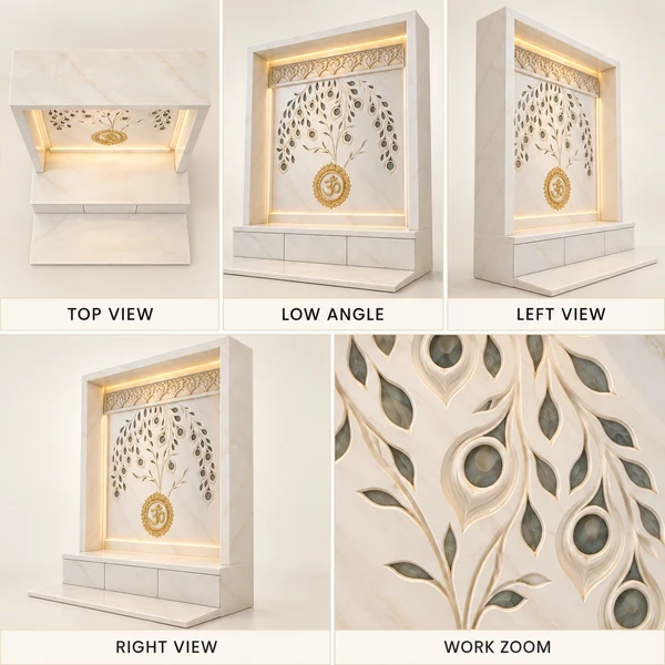 Feather Om Marble Pooja Alcove with Tall Rectangular Frame illustrative top, low, left and right views with a carving work zoom