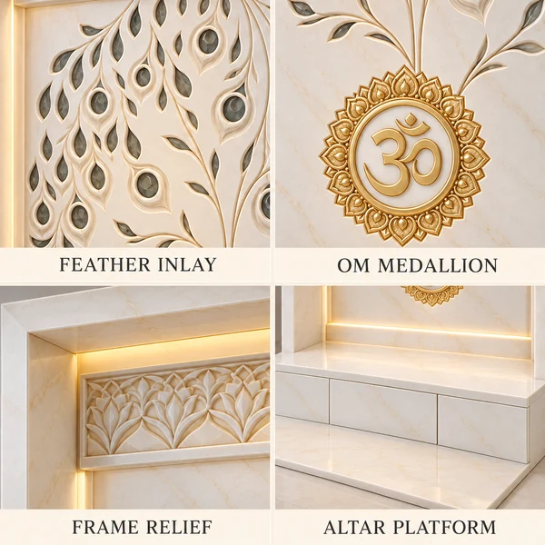 Feather Om Marble Pooja Alcove with Tall Rectangular Frame close-up views of marble surfaces and carved architectural details