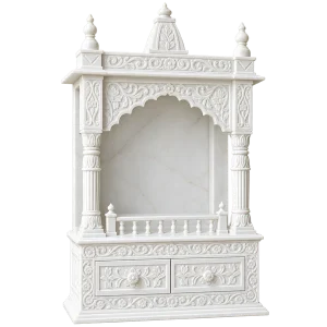 Floral Arch Marble Mandir with Shikhar Crown and Two Drawers