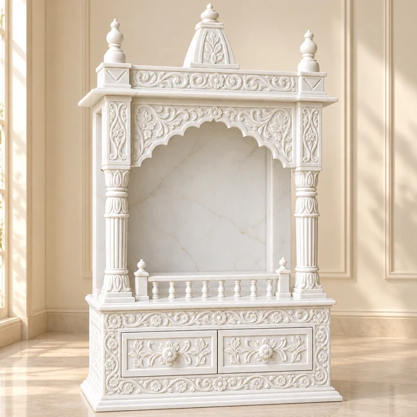 Floral Arch Marble Mandir with Shikhar Crown and Two Drawers shown in an illustrative Indian pooja room setting