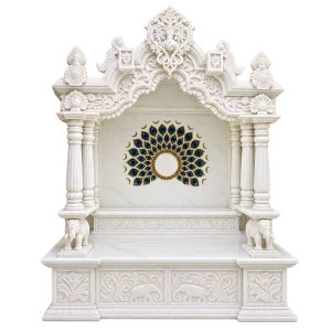 Ganesha Crest Marble Mandir with Peacock Inlay and Carved Supports
