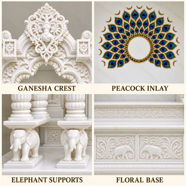 Ganesha Crest Marble Mandir with Peacock Inlay and Carved Supports close-up views of marble surfaces and carved architectural details