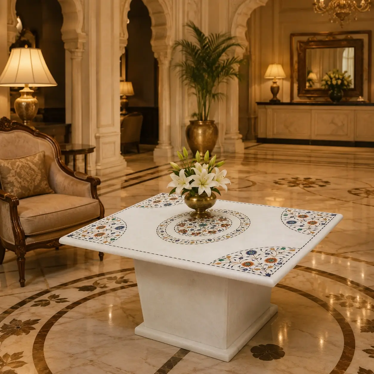 White Marble Floral Inlay Table Top, design view 4