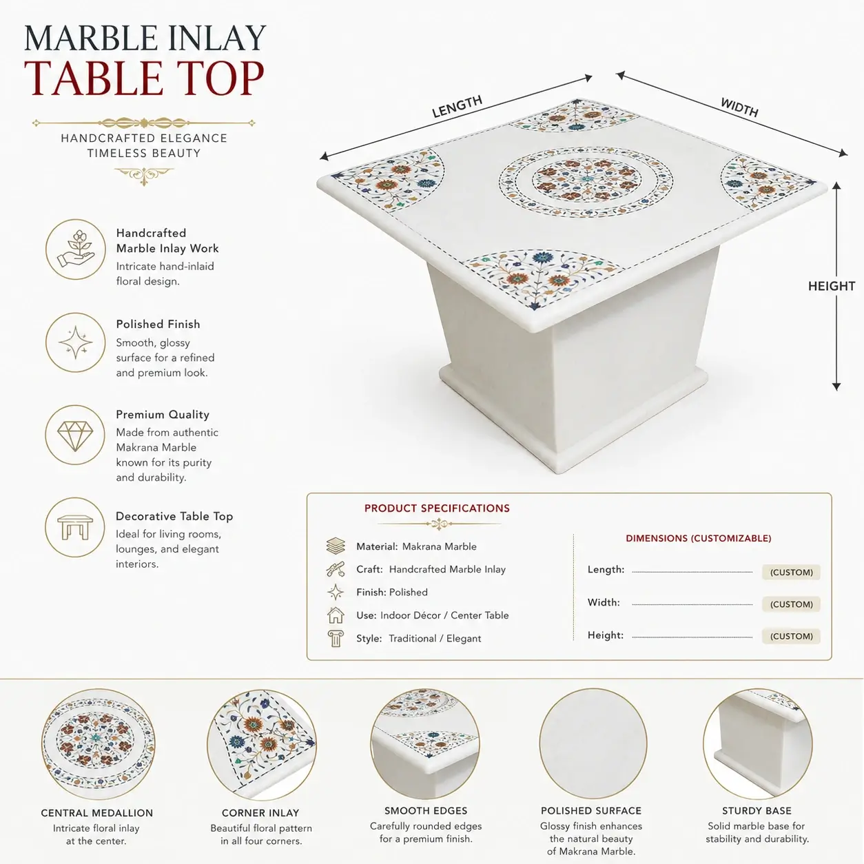 White Marble Floral Inlay Table Top, design view 3