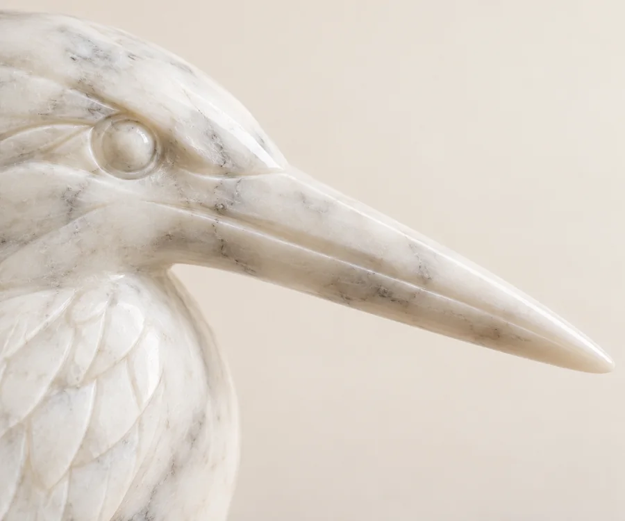 Kingfisher Marble Bird Figurine — close view of the long beak above the small body