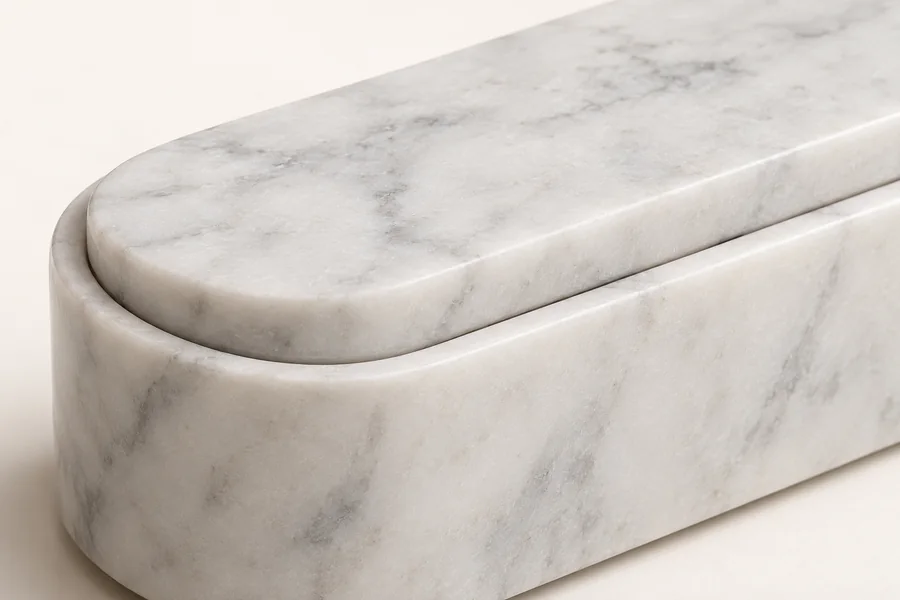 Long Marble Pencil Storage Box — close view of the long lid fitting into the box