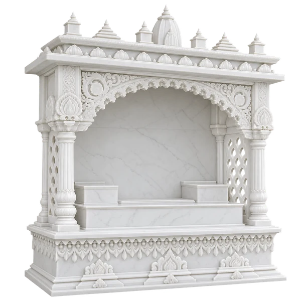 Lotus Base White Marble Mandir with Floral Arch