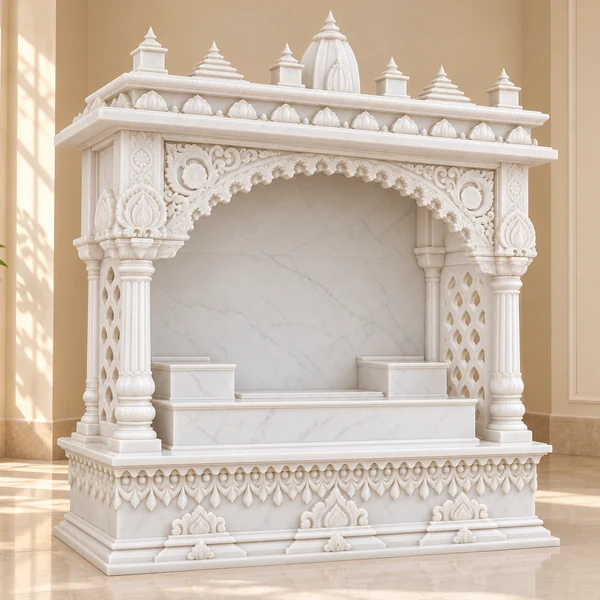 Lotus Base White Marble Mandir with Floral Arch shown in an illustrative Indian pooja room setting