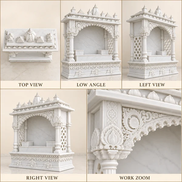 Lotus Base White Marble Mandir with Floral Arch illustrative top, low, left and right views with a carving work zoom