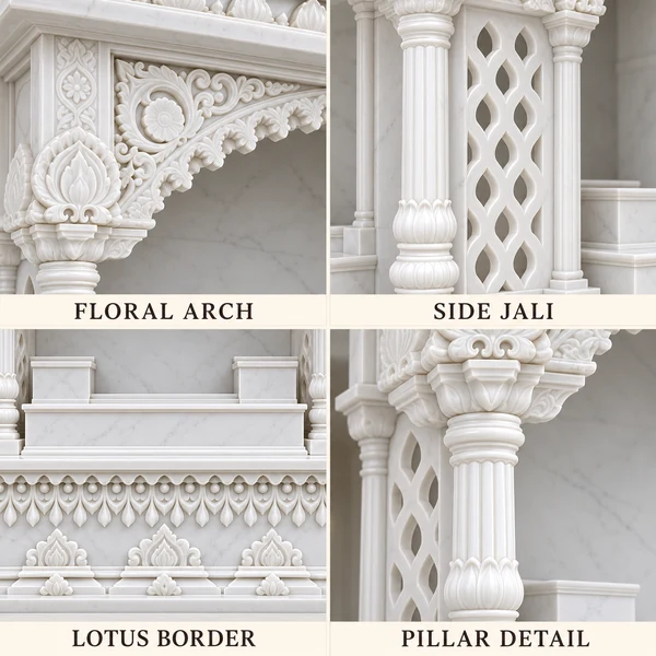 Lotus Base White Marble Mandir with Floral Arch close-up views of marble surfaces and carved architectural details