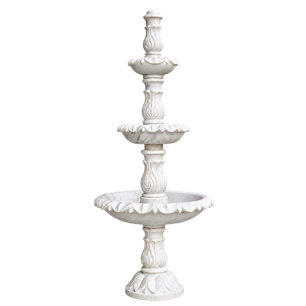 3-Tier White Marble Fountain with Carved Pillars