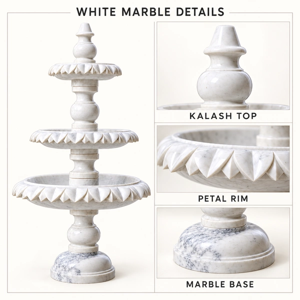 3-Tier White Marble Fountain with Kalash Top, product detail close-ups