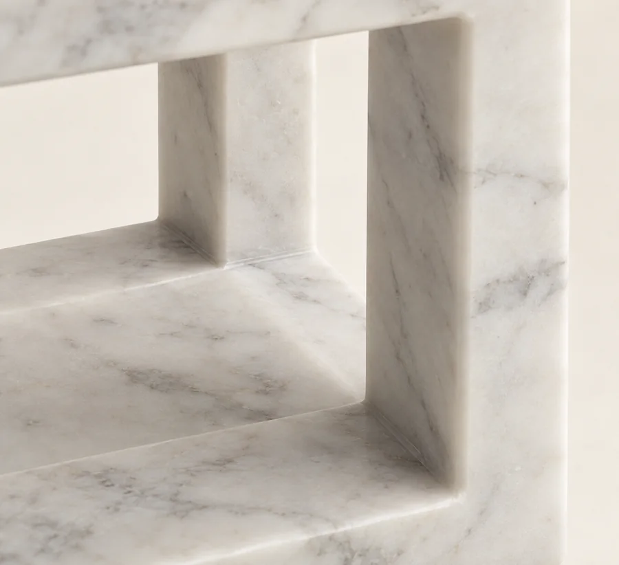 Marble Hollow Cube Display Object — close view of the inner corner of the open cube