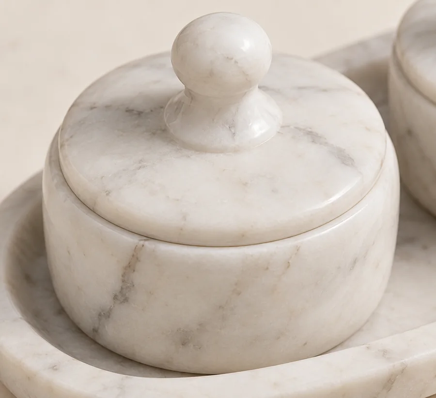 Marble Kumkum Pair With Base — close view of a small fitted container lid