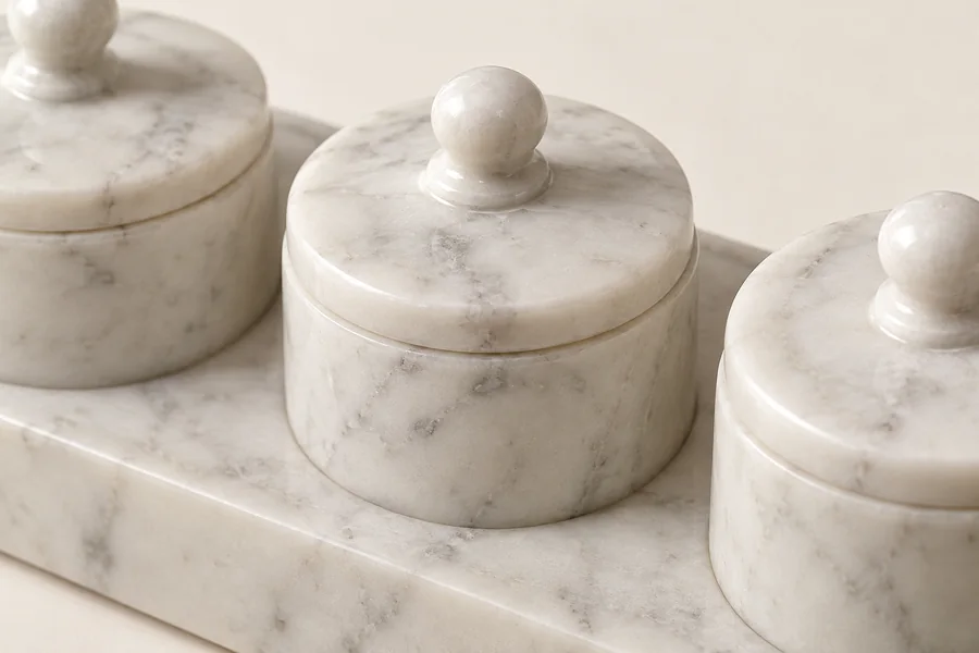 Marble Tilak Storage Trio — close view of the three small pot lids