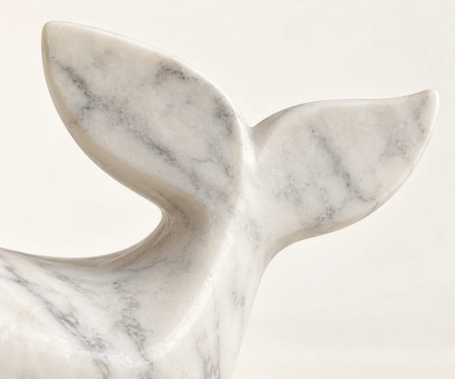 Marble Whale Shelf Figurine — close view of the forked whale tail