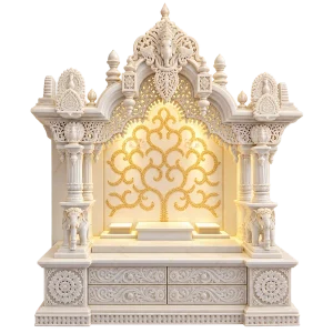 Ornate Ganesha Crest Marble Mandir with Gold Floral Back