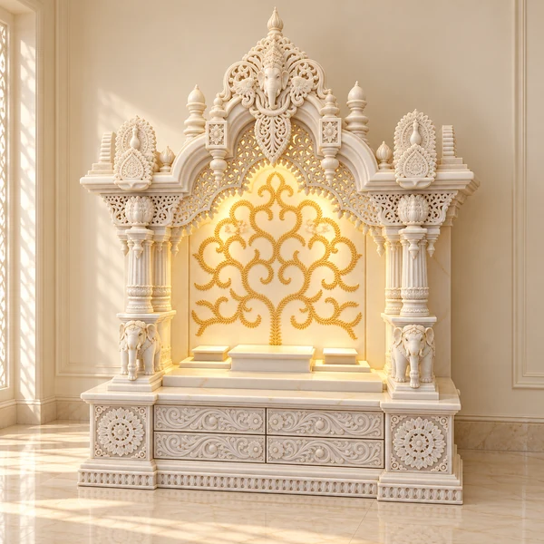 Ornate Ganesha Crest Marble Mandir with Gold Floral Back shown in an illustrative Indian pooja room setting