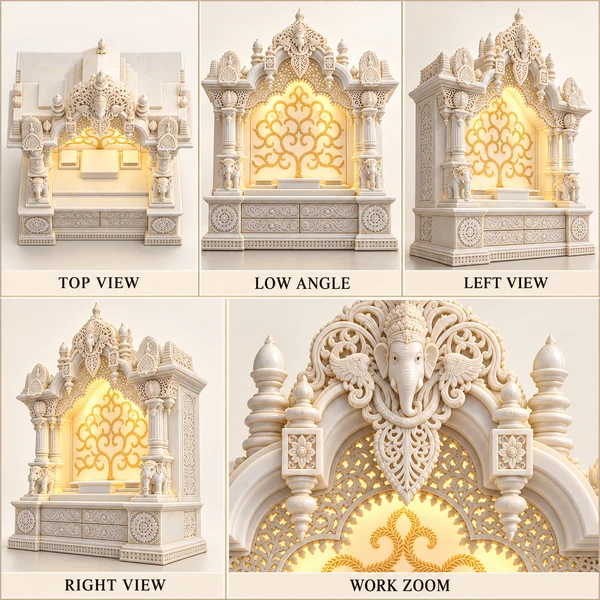 Ornate Ganesha Crest Marble Mandir with Gold Floral Back illustrative top, low, left and right views with a carving work zoom
