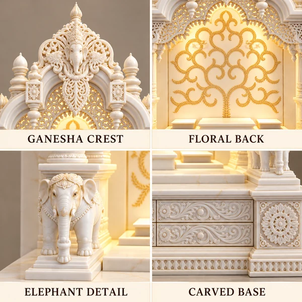 Ornate Ganesha Crest Marble Mandir with Gold Floral Back close-up views of marble surfaces and carved architectural details