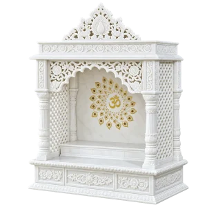 Peacock Om Inlay Marble Mandir with Floral Crest