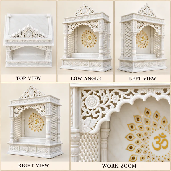 Peacock Om Inlay Marble Mandir with Floral Crest illustrative top, low, left and right views with a carving work zoom
