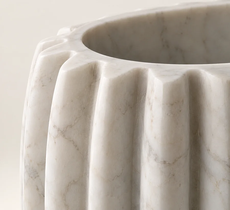 Pleated Oval Marble Vase — close view of the pleats at the upper rim