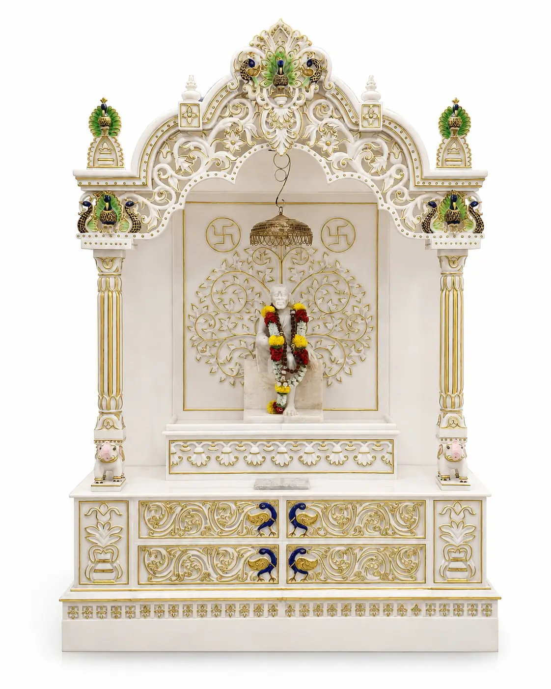 Makrana Marble Peacock Pooja Mandir with Gold Accents