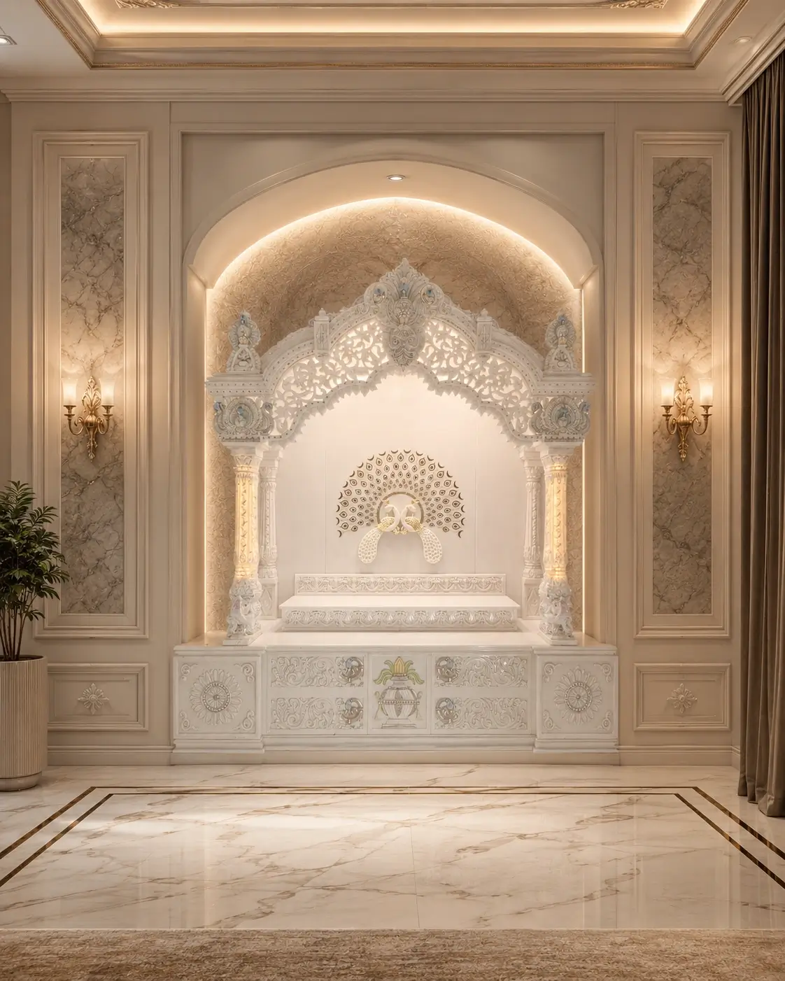White Marble Peacock Arch Mandir with LED Pillars, design view 3