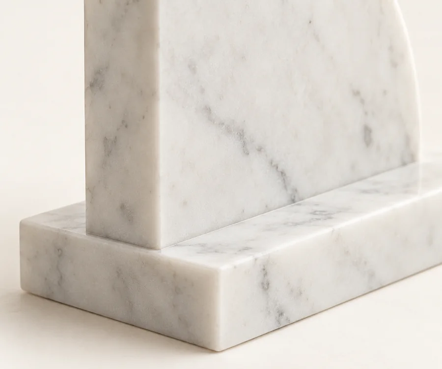 Quarter Circle Marble Bookend Pair — close view of the straight slab meeting the horizontal foot