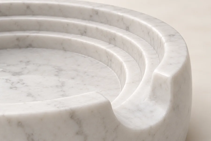 Rain Chain Catch Marble Basin — close view of the three circular grooves meeting the pouring notch