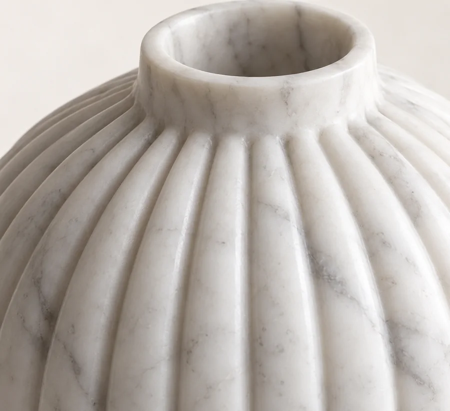 Ribbed Globe Marble Bud Vase — close view of the ribs converging below the mouth