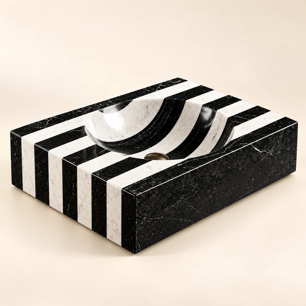 Black and White Striped Marble Table Top Basin