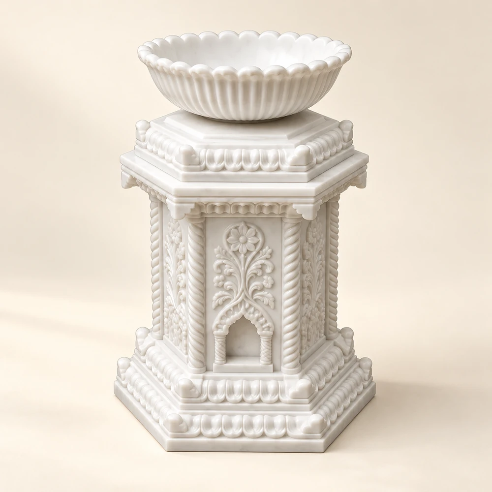 Rajnagar Marble Tulsi Pot with Carved Pedestal