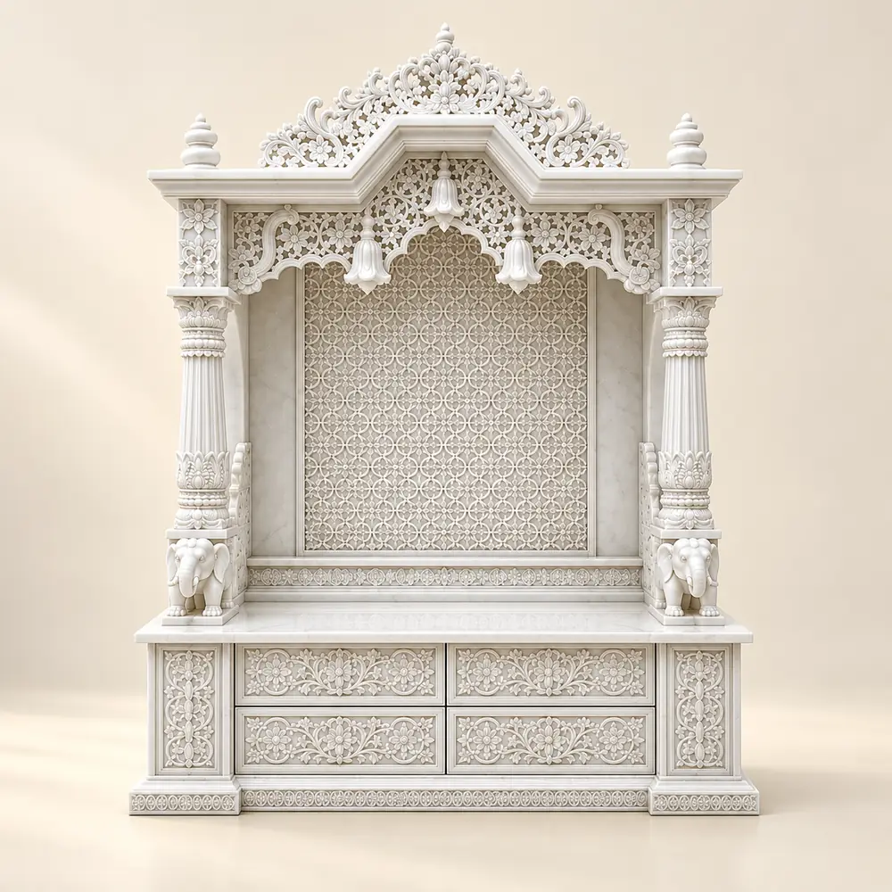 Royal Arch Marble Mandir with Carved Storage Base