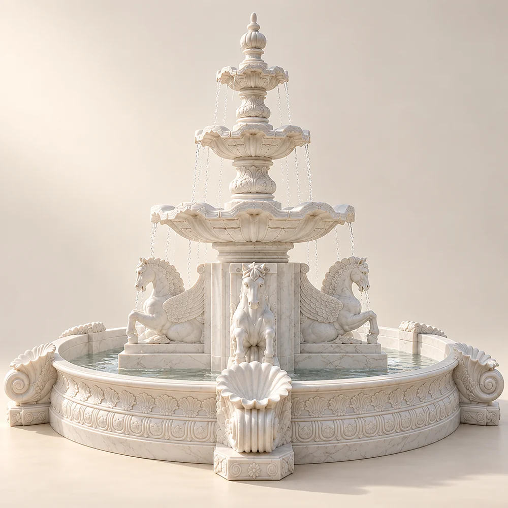 Royal Horse Detail Marble Outdoor Fountain