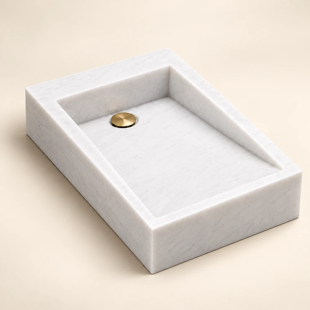 White Rectangular Marble Countertop Wash Basin