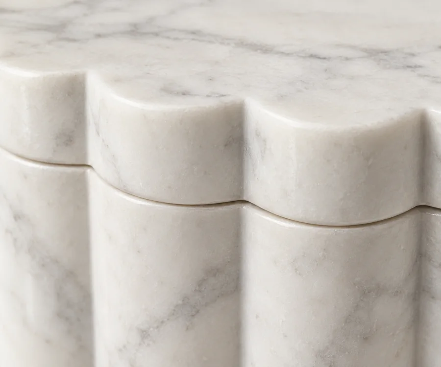 Scalloped Edge Marble Trinket Box — close view of the matching scalloped lid seam