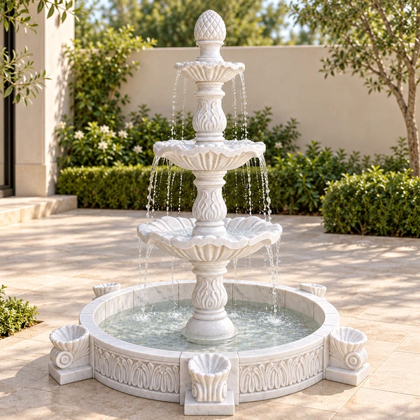Shell Buttress Three-Tier Marble Fountain in an Indian garden or courtyard setting